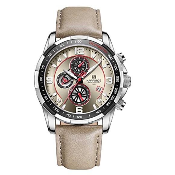 Sport Watches for Men Analog Quartz Chronograph Leather Strap Wrist